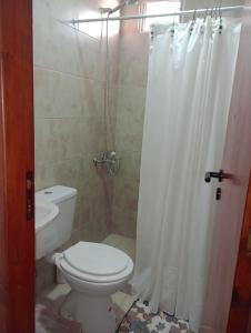 Un baño con inodoro y cortina de ducha en Mi Departamentito, en Federación 6 fotos más