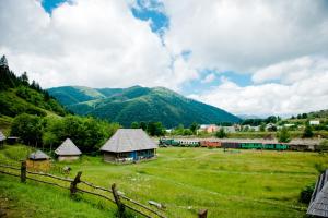 a field with a farm with mountains in the background at Stare Selo in Kolochava