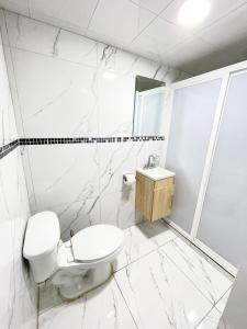 a white bathroom with a toilet and a sink at Departamento #2 Aeropuerto Toluca in Toluca