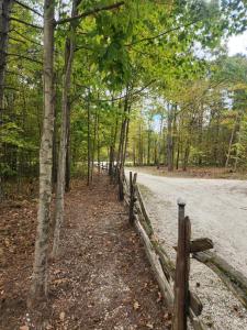 a wooden fence next to a road with trees at Forest Oasis Camping Resort in Wasaga Beach