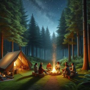 a group of people sitting around a fire in front of a tent at Forest Oasis Camping Resort in Wasaga Beach