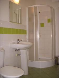 La salle de bains est pourvue d'un lavabo, d'une douche et de toilettes. dans l'établissement Pension Fami Retro Design, à Staré Splavy