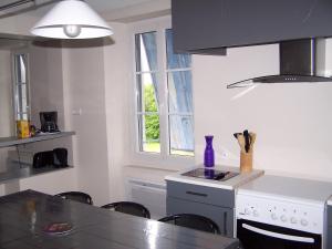 a kitchen with a stove and a counter top at Gite Des Noisetiers in Saint-Junien