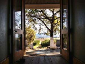 una puerta abierta con vistas a un árbol en Hartebeeskraal Selfcatering cottage, en Paarl