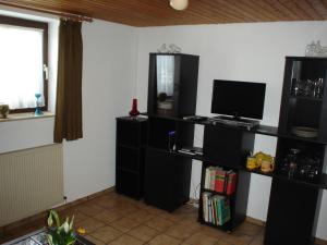 Sala de estar con TV y estanterías negras en Ferienwohnung An der Loreley, en Bornich