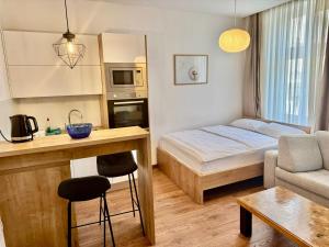 a small room with a bed and a small kitchen at Vila Mila in Sarajevo