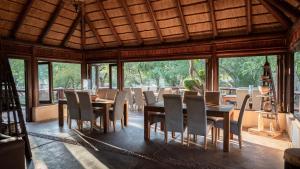 une salle à manger avec tables, chaises et fenêtres dans l'établissement Tuli Safari Lodge Mashatu, à Lentswelemoriti