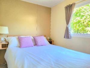 a bedroom with a bed with purple pillows and a window at Cherry, 2 Bed, 6 Berth With Electric Panel Heaters 70724C in Great Yarmouth