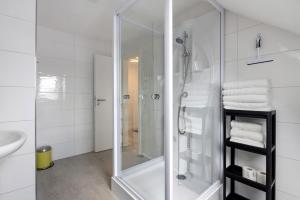 a bathroom with a shower with a glass door at Ferienwohnung 1 in Bad Salzuflen +20 photos
