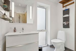 a white bathroom with a toilet and a sink at Lovely Holiday Home Near The Limfjord in Thyholm +32 photos
