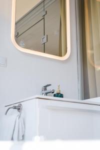 a bathroom with a mirror and a sink at Lieblingsplatz Parey - Ferienhaus am See in Parey +14 photos