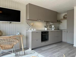 a kitchen with stainless steel appliances and a table and a television at Lieblingsplatz Parey - Ferienhaus am See in Parey