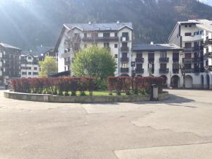 a group of buildings in a parking lot with flowers at Appartement Duplex Forclaz in Chamonix