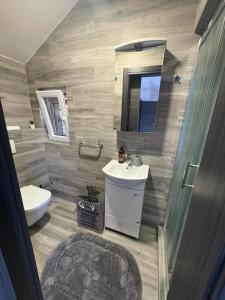 Un baño con lavabo, inodoro y espejo. en Central Park Villa, en Tivat 15 fotos más