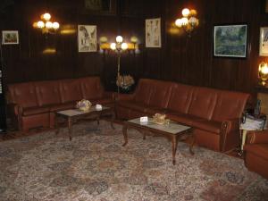 a living room with brown leather couches and tables at Hostal Maria Cristina in Madrid