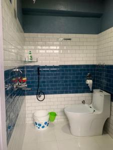 a bathroom with a toilet and a shower with blue tiles at Foggy Hills Retreat in Suryodaya