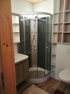 una ducha con puerta de cristal en un baño en Appartement Geisler, en Fügen