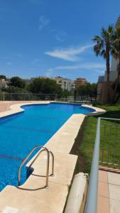 a large swimming pool with blue water and palm trees at Habitaciones pensadas para ti in Fuengirola