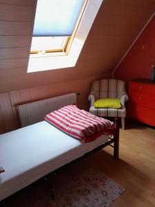 ein Schlafzimmer mit einem Bett, einem Stuhl und einem Dachfenster in der Unterkunft Charmante Doppelhaushälfte in Tuttlingen