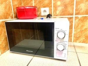 a microwave oven sitting on top of a counter at Porche apart mimboman Yde in Kofa