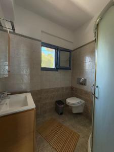 a bathroom with a sink and a toilet and a window at Sunset Apartments in Evdilos +16 photos