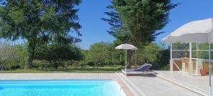 a swimming pool with an umbrella and a chair at Les Granges in Vigoulant