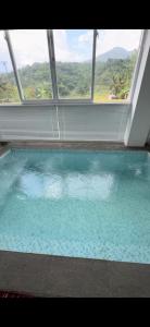 a large swimming pool in a room with a window at Teras Luhur Villa dengan Jacuzzi in Sindangwangi