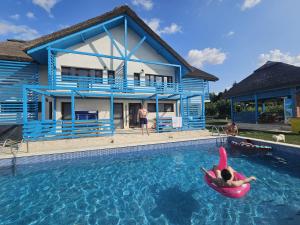a person in a raft in the swimming pool in front of a house at La Belle Mouette in Somova