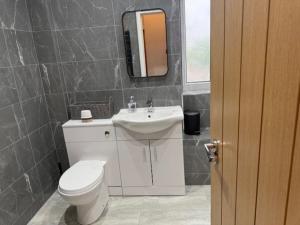 a bathroom with a toilet and a sink and a mirror at Stylish 4 bed in Central Conwy in Conwy +16 photos