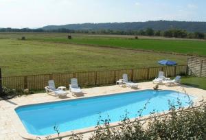 a swimming pool with chairs and umbrellas next to a field at Le Petit Etang in Gréoux-les-Bains