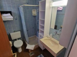 un bagno con wc, lavandino e doccia di Rooms by Robi Novigrad a Novigrad (Cittanova)