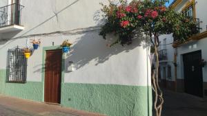 a green and white building with a door and flowers at La Casita de Mari in Estepona