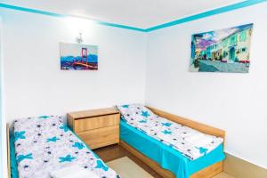 a bedroom with two beds and a picture on the wall at Cozy Villa Retreat in Cigov Chark in Tsigov Chark