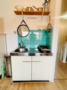 a small kitchen with a sink and a mirror at Odyssee in Zandvoort