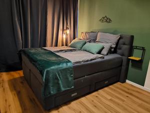 a bed with a green blanket on it in a room at MeLou Fewo Harzruhe Wellness in Bad Lauterberg