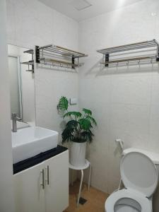 a bathroom with a sink and a toilet and a plant at Cozy Condo in Quezon City with Private Pool in Manila