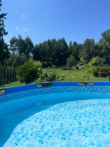 een blauw zwembad met uitzicht op een park bij Apartamenty pod Stokiem in Kluszkowce