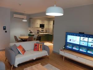 a living room with a couch and a flat screen tv at Elegant Residence Famagusta in Famagusta