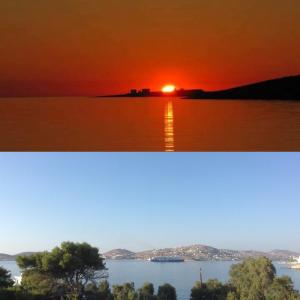 two pictures of the sun setting over the water at Nikoletta Rooms in Parikia