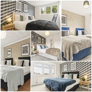 a collage of pictures of a bedroom with two beds at Six Bedroom House by Brookland Stays Serviced Accommodation Short Lets Hertfordshire with Free WiFi in Leavesden Green