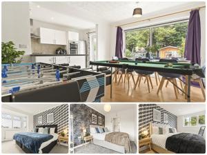 a kitchen and a living room with a pool table at Six Bedroom House by Brookland Stays Serviced Accommodation Short Lets Hertfordshire with Free WiFi in Leavesden Green