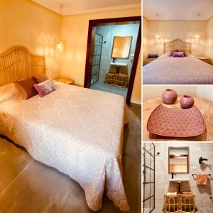 two pictures of a bedroom with a bed and a mirror at La Bodega de la Valduerna 2 in Destriana