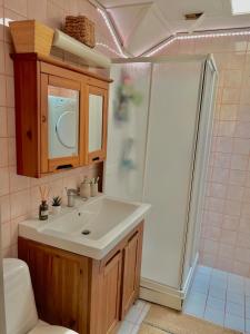 a bathroom with a sink and a shower at Studio in Os Near Bergen in Hetlefloten +19 photos