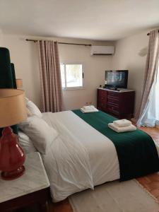 a bedroom with a large bed and a television at Hôtel La Cuenda Sochatour in Arbaoua +5 photos