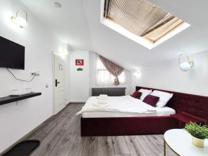 a bedroom with a large bed and a skylight at Pensiunea ober in Braşov