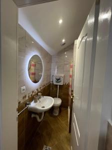 a bathroom with a sink and a toilet and a mirror at Apartment Tri limuna 3 in Herceg-Novi
