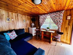 a living room with a blue couch and a table at ALKANA Domki in Nowęcin