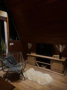 sala de estar con TV y silla en le moodeng, en Villampuy