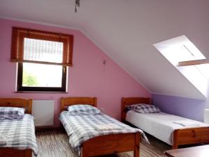 two beds in a room with purple walls and windows at Pokoje PRZY SZELMENCIE in Jeleniewo