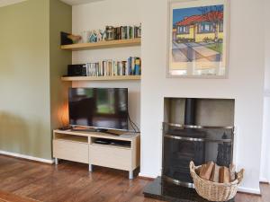 un salon avec une télévision et une cheminée dans l'établissement Mussel Cottage, à Middleton-on-Sea
